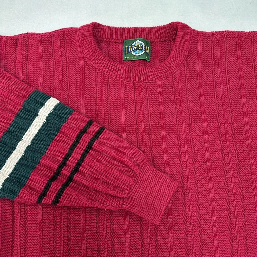 Vintage Jantzen Sweater Mens Large Red Stripe Sleeve Knit Crewneck USA 90s Gramp